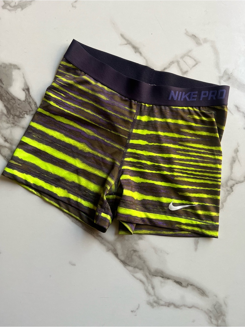 Women’s Nike Pro Black, Neon Green & Purple Striped Compression Shorts gym yoga